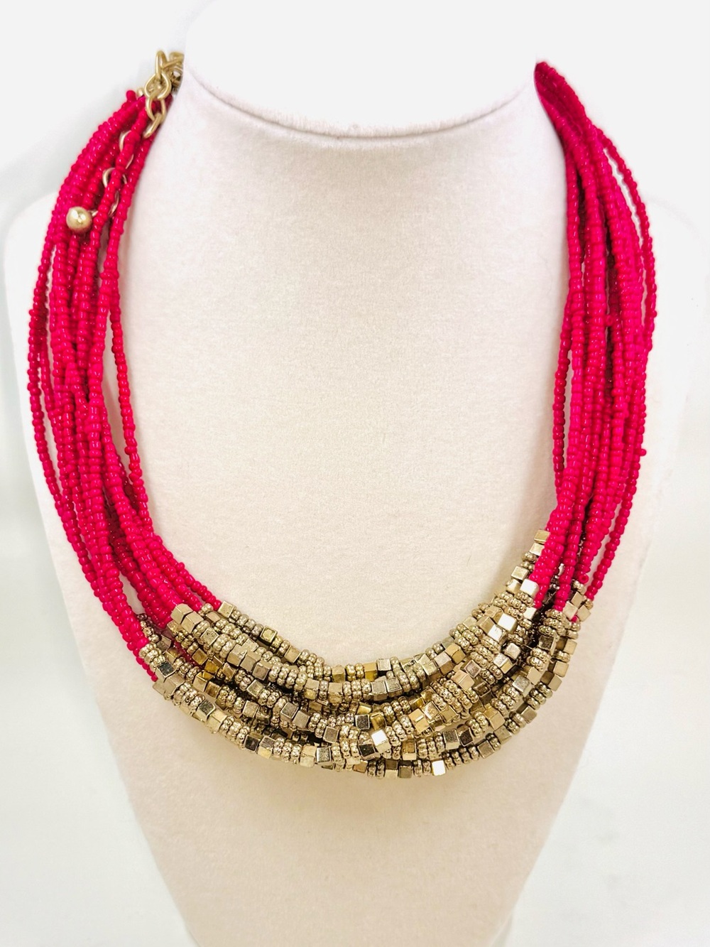 Chico's Fuchsia Pink Multi-Strand Glass Seed Bead Necklace with Gold Accents NWT